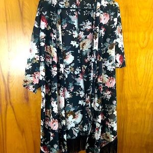 Black Floral Open Tunic with Fringed Bottom